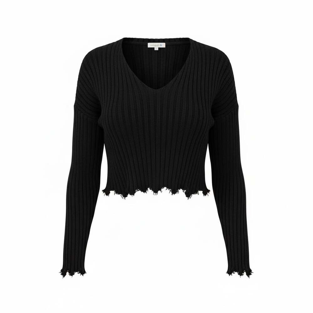 Le Lis Collection Black Distressed Ribbed V-Neck Cropped Sweater